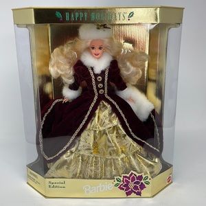 Vintage 1996 Holiday Special Edition Barbie Burgundy & Gold w/fur
